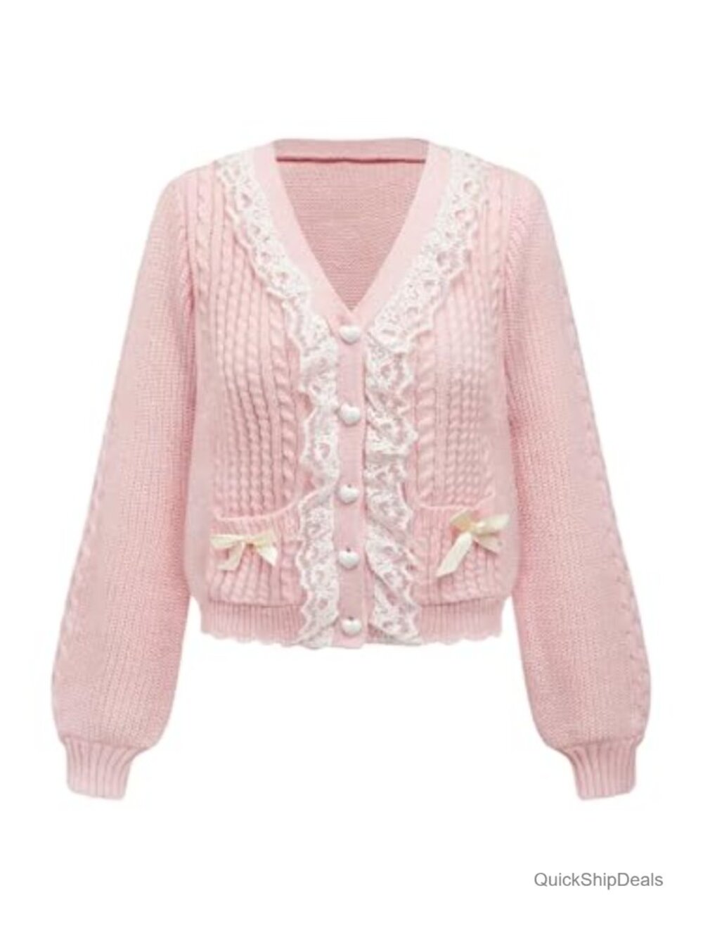 Lace Trim Bow Cable Knit Button Up V Neck Cardigan Sweater